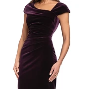 Xscape Women's Velvet Asymmetric Neck Cap Sleeve Dress