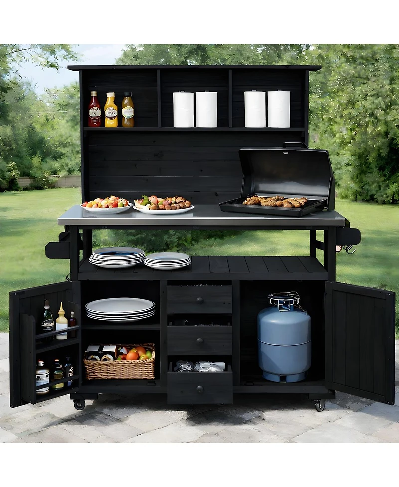 Streamdale Furniture 65"H Large Garden Potting Bench With Stainless Steel Top And Lockable Wheels