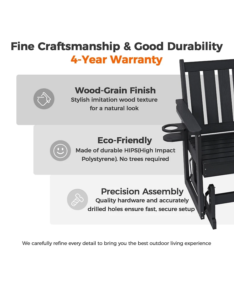 Innovaze 2-Person Hips All-Weather Outdoor Glider Bench, Heavy-Duty Patio Rocking Loveseat with Removable Cup Holders