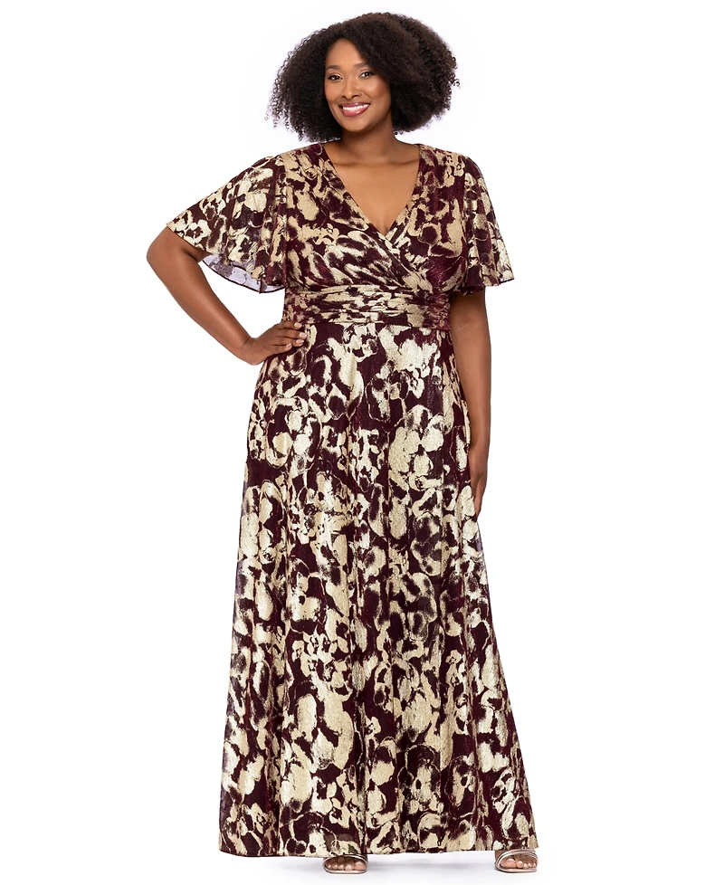 Betsy & Adam Plus Foil Fabric V-Neck Short-Sleeve Gown