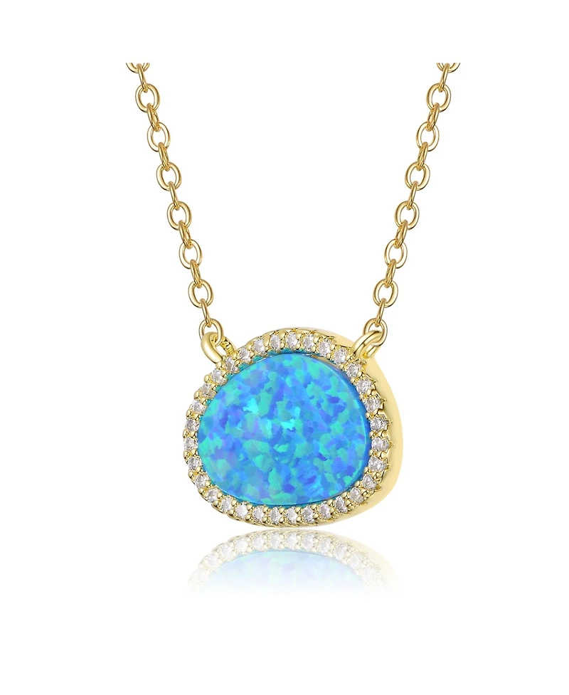 Rachel Glauber 14K Gold Plated Sparkling Oval Opal and Cz Halo Necklace