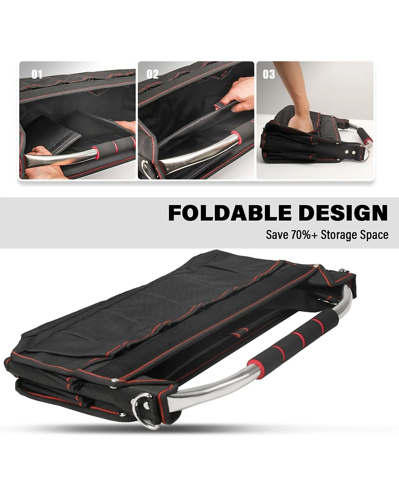 Xdovet Foldable Tool Tote Open Top Removable Divider 23-Pockets Padded Handle Hard Base