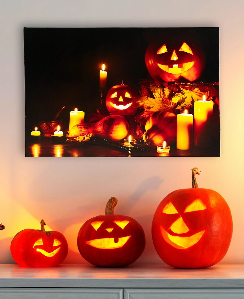 Led Lighted Jack-o-Lanterns and Leaves Halloween Canvas Wall Art, 15.75" x 23.5"