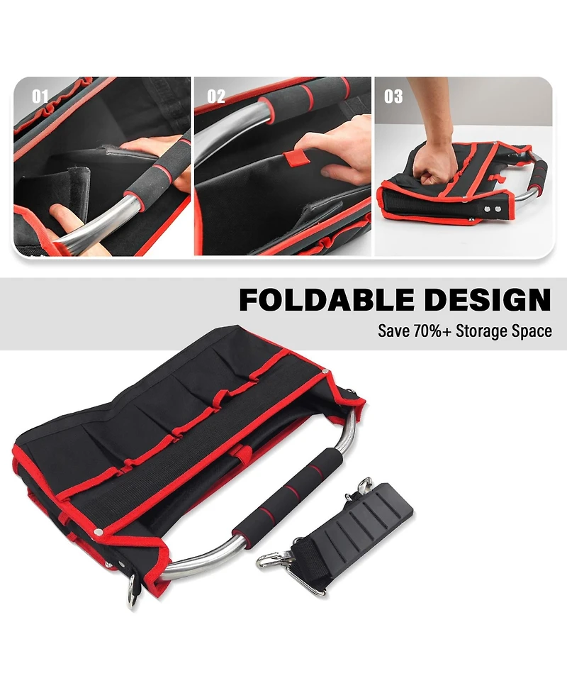 Xdovet Foldable Tool Tote Bag Stiff Frame 16-Pockets Padded Handle Water-resistant Base