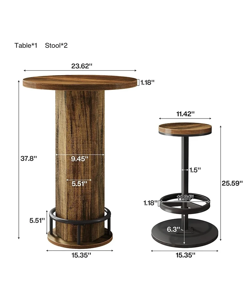 Yiortwo Round Bar Table Set with 2 Matching Bar Stools Rustic Wood and Metal Bistro Pub Furniture