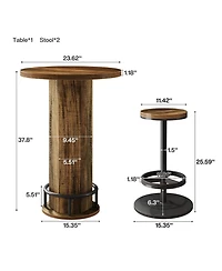 Yiortwo Round Bar Table Set with 2 Matching Bar Stools Rustic Wood and Metal Bistro Pub Furniture