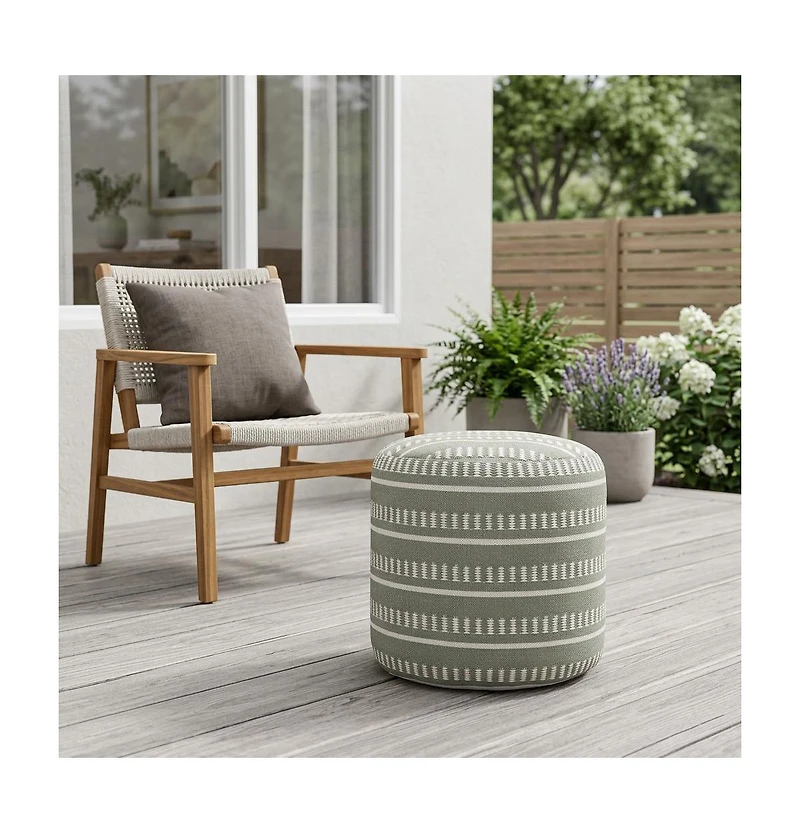 HomeRoots Polyester Round Striped Indoor Outdoor Pouf Ottoman