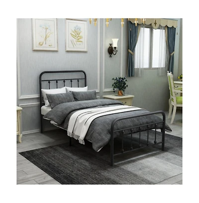 Lucky One Twin Size Metal Platform Bed Frame with Victorian Headboard and Footboard, Steel Slats, No Box Spring Needed, Under-Bed Storage