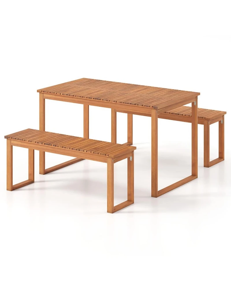 Yiortwo 3 Piece Acacia Wood Patio Dining Set with Table and 2 Benches Seats 4 for Garden Yard Poolside
