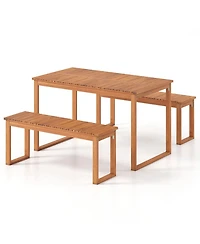 Yiortwo 3 Piece Acacia Wood Patio Dining Set with Table and 2 Benches Seats 4 for Garden Yard Poolside