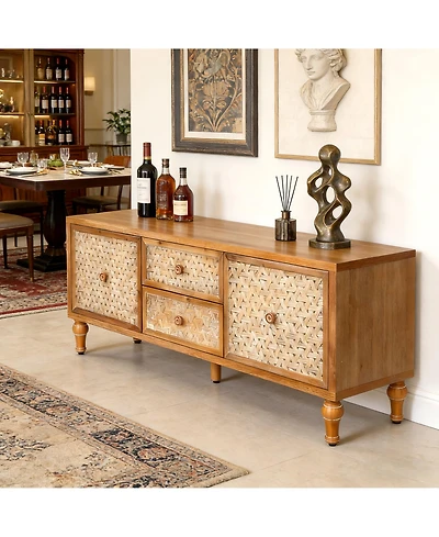Clihome Rattan Tv Stand for 60 Inch Tv, Boho Media Console with Drawers, Farmhouse Entertainment Center