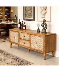 Clihome Rattan Tv Stand for 60 Inch Tv, Boho Media Console with Drawers, Farmhouse Entertainment Center