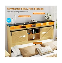 Lucky One Full Size Farmhouse Bed Frame with Storage Headboard, 2 Drawers, Usb Charging Station, Led Lights, Wooden Slats, No Box Spring Needed
