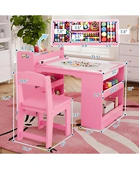 homfan Multi Functional Kids Art Table and 2 Chairs Set, Wooden Craft Desk with Large Storage Shelves for Drawing, Learning Activities