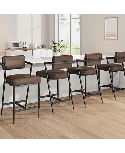 homfan Set of 4 27" Counter Height Bar Stools with Armrests, Faux Leather Upholstery and Footrest, for Kitchen Island
