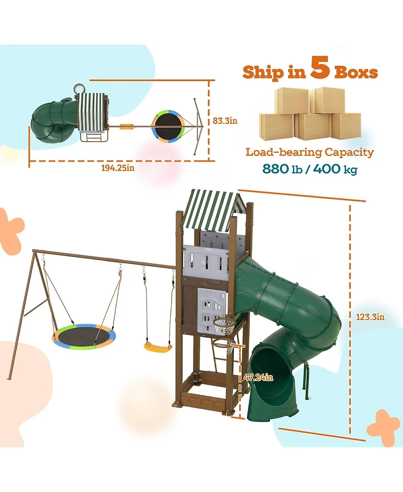 homfan Swing Set for Backyard, Kids Outdoor Playhouse Equipment with Turbo Tube Slide and Basketball Hoop