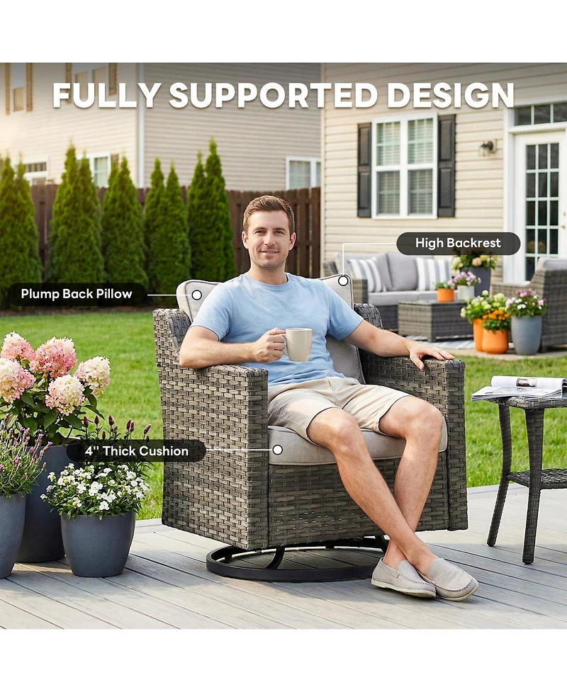 Pocassy 7-Piece Outdoor Conversation Set with Fire Pit Table, 4 Swivel Rocking Chairs and 2 Side Tables, All-Weather Pe Rattan and Steel Frame