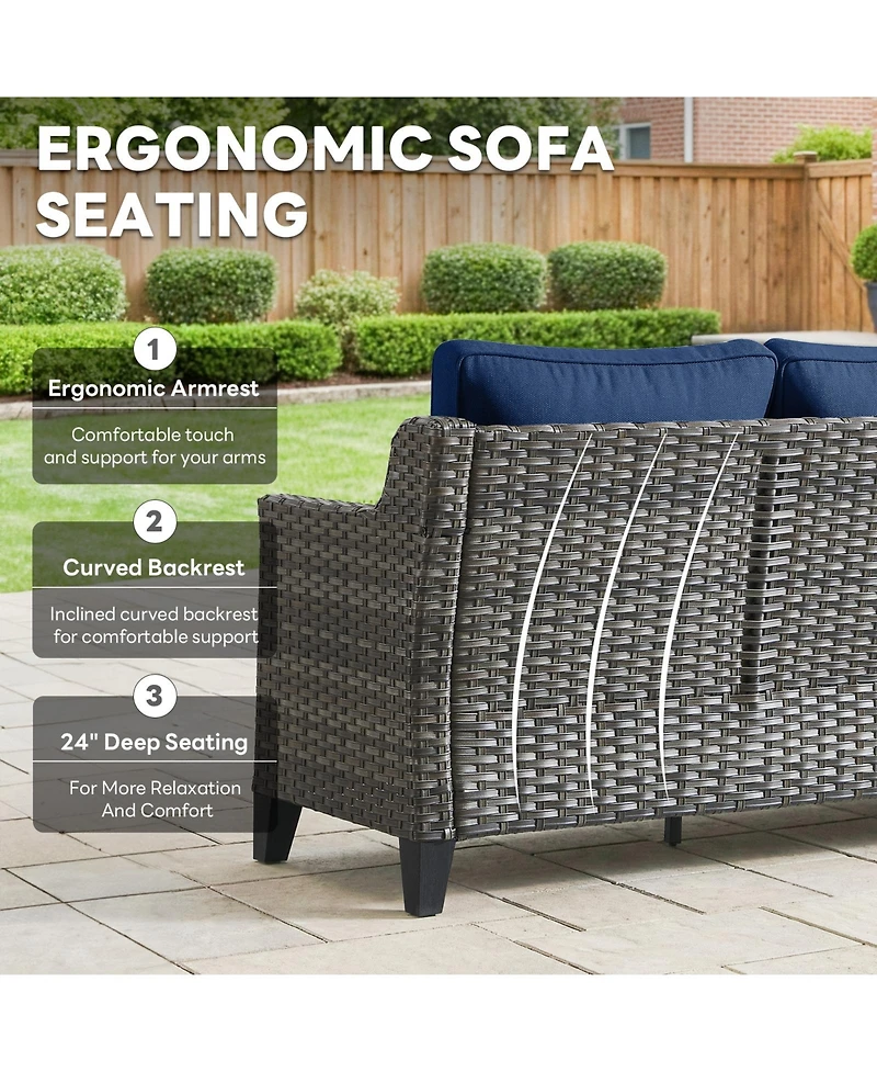 Pocassy 3 Pieces Patio Furniture Set All-Weather Outdoor Wicker Sofa Couch Patio Furniture with Cushion and Wicker Ottomans