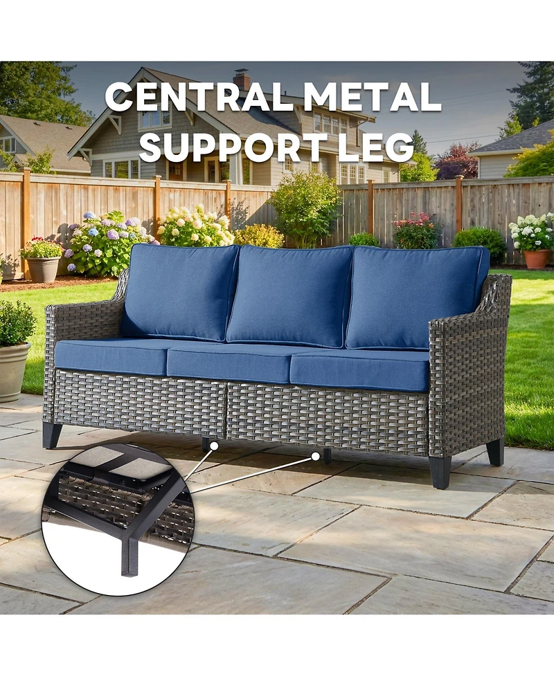 Pocassy 3 Pieces Patio Furniture Set All-Weather Outdoor Wicker Sofa Couch Patio Furniture with Cushion and Wicker Ottomans