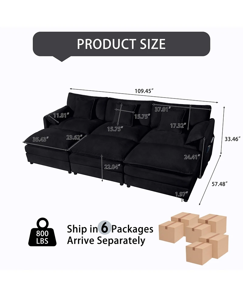 Clihome Oversized Deep Seat Sectional Cloud Sofa Sleeper with 3 Ottomans and Soft Pillows, Modular Couch Bed for Living Room