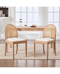 Clihome 2 Pieces Modern Rattan Dining Chairs Linen Backrest Solid Wood Legs Room Side