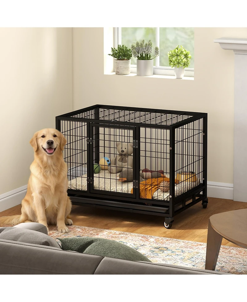 Ruie 36 Inch Heavy Duty Dog Crate with Double Doors Removable Tray and Rolling Casters