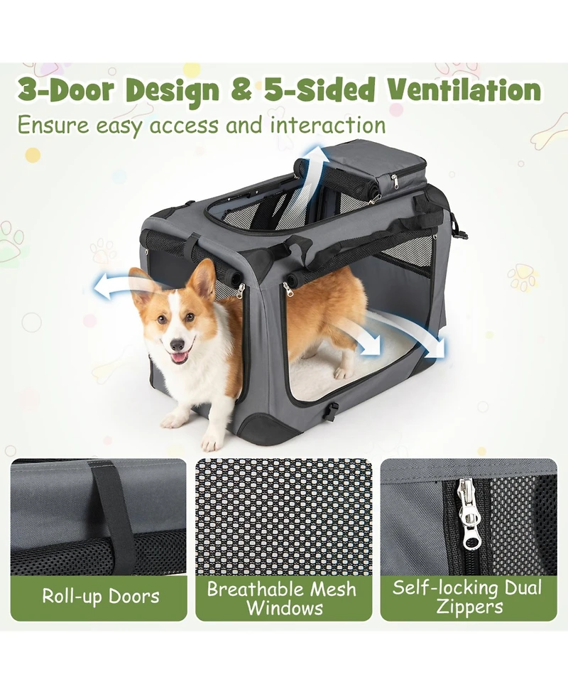 Ruie Collapsible Soft Dog Travel Crate with Mesh Windows and 3 Doors