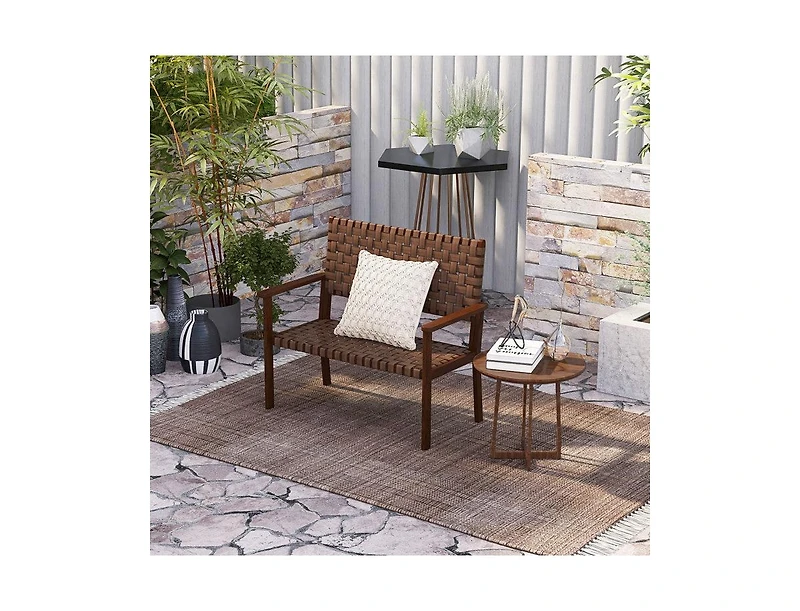 Lucky One Outdoor Loveseat Bench with Rubber Wood Frame and Hand Woven Pu Leather