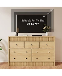 homfan 54" Wide Oak Finish 7-Drawer Fluted Dresser, Modern Wood Storage Chest