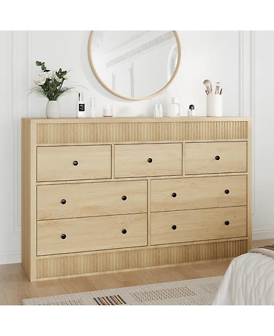 homfan 54" Wide Oak Finish 7-Drawer Fluted Dresser, Modern Wood Storage Chest