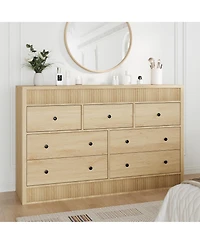 homfan 54" Wide Oak Finish 7-Drawer Fluted Dresser, Modern Wood Storage Chest