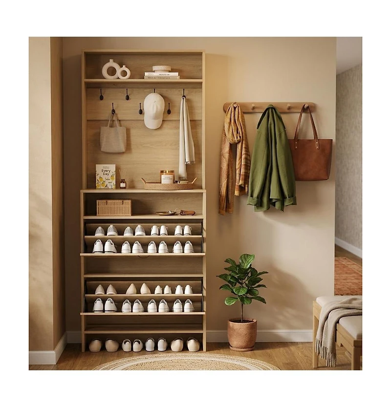 homfan Shoe Cabinet with 2 Flip Drawers - Hall Tree Storage Adjustable Shelf and Anti-Tip Kit for Entryway