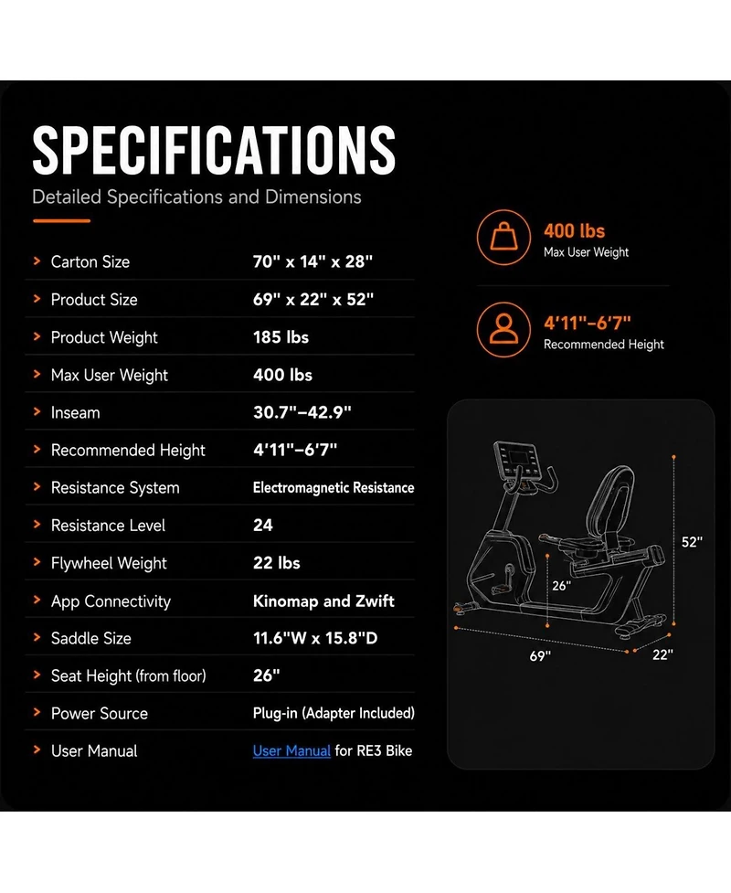 Fed Fitness RE3 Recumbent Exercise Bike Ultra Commercial Grade 24 Level Electromagnetic Resistance Bluetooth and Kinomap App Compatible