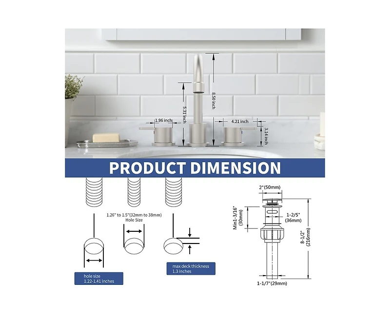 Busdays 2 Handle Brushed Nickel Widespread Bathroom Faucet 8 Inch 3 Hole 360 Degree Swivel Spout with Pop Up Drain Assembly