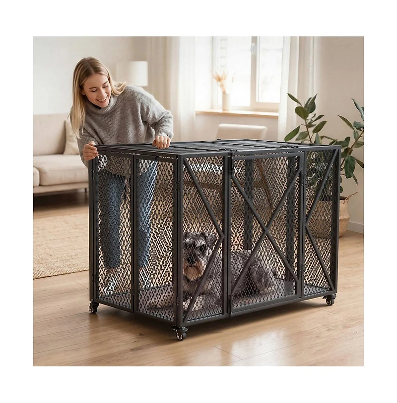Ruie 38 in Heavy Duty Dog Crate with Double Doors and Lockable Wheels