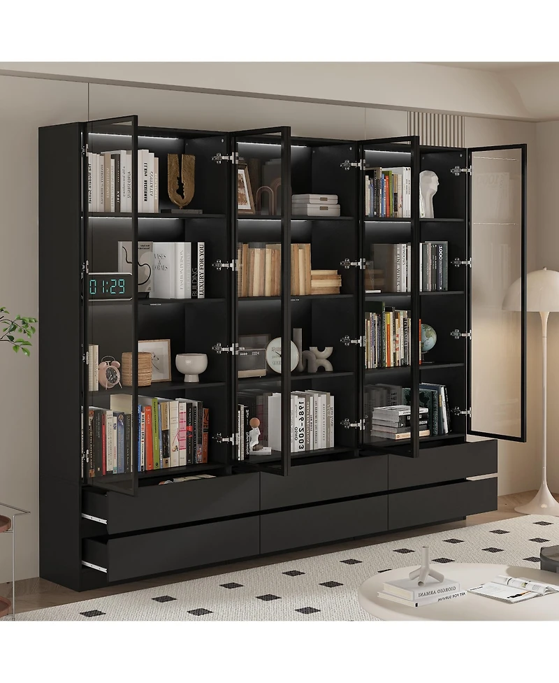 Famapy Display Cabinet with 2 Glass Doors and Lights, 4-Tier Storage Shelves and 2 Drawers