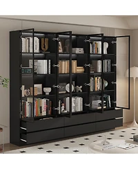 Famapy Display Cabinet with 2 Glass Doors and Lights, 4-Tier Storage Shelves and 2 Drawers