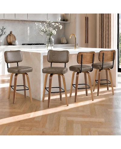 homfan Counter Height Bar Stools Set of 4, 26" Swivel Bar Stools with Back and Bentwood Legs Upholstered Counter Stools