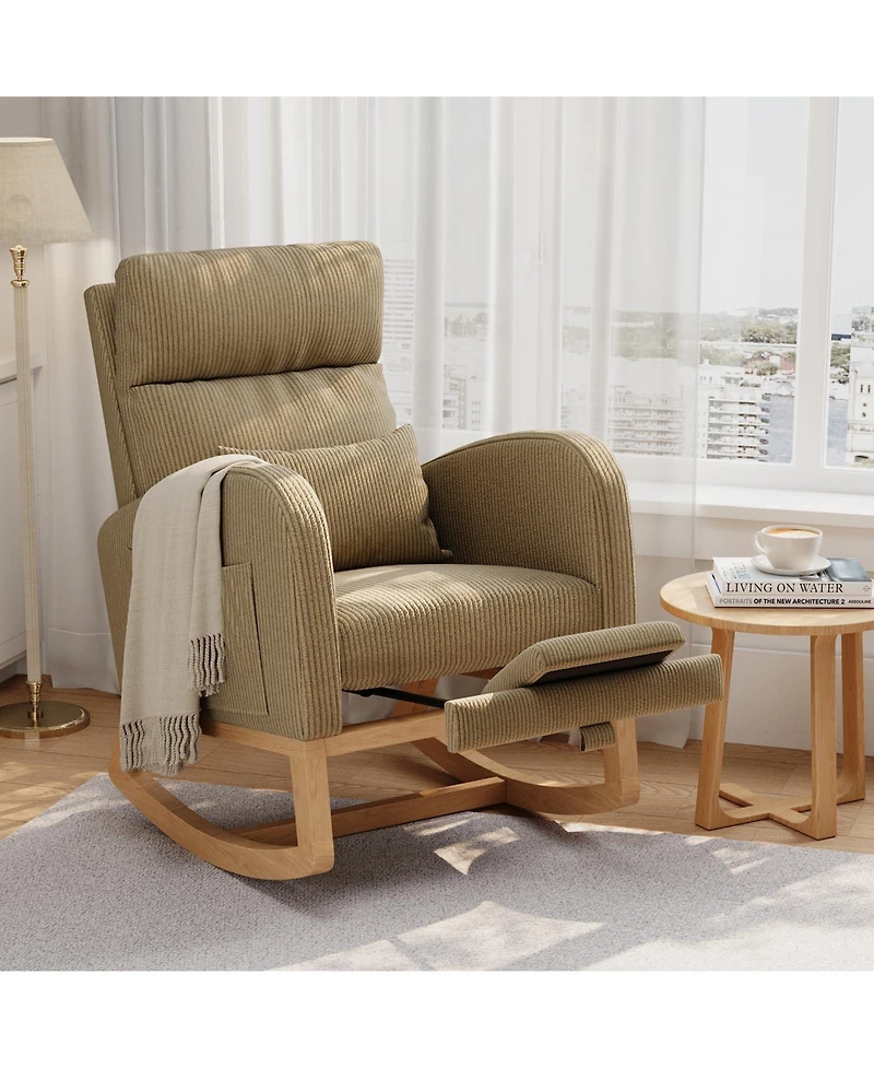 homfan Rocking Chair with Footrest, Linen Glider Chair with Side Pockets, Nursery Chair with Pillow, Rocking Accent Armchair