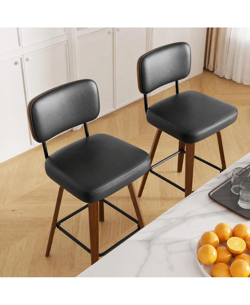 homfan Set of 3 Counter Height Bar Stools, 26" Swivel Stools with Back and Bentwood Legs, Faux Leather Upholstered