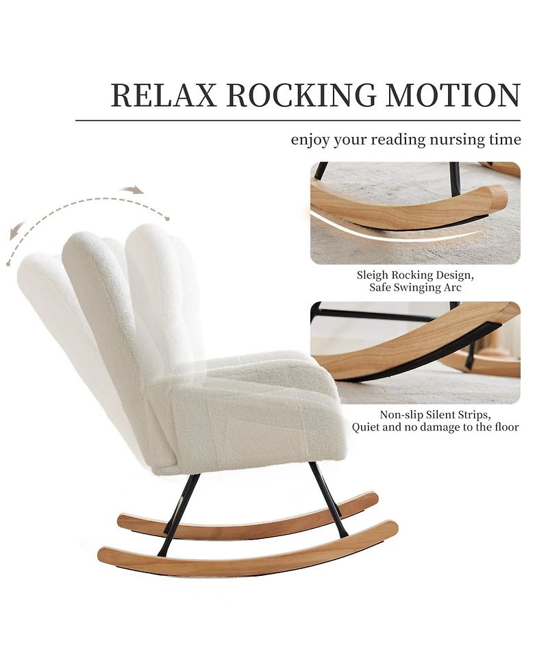 homfan Modern Nursery Rocking Chair, 300lbs Teddy Upholstered Glider with Side Pockets, High Backrest, Armrests, Metal Legs and Wood Base