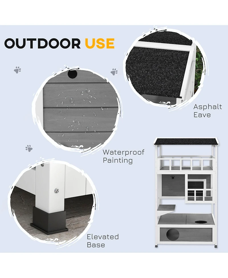 Ruie Wooden Outdoor Cat House with Asphalt Roof Escape Doors and Jump Platform