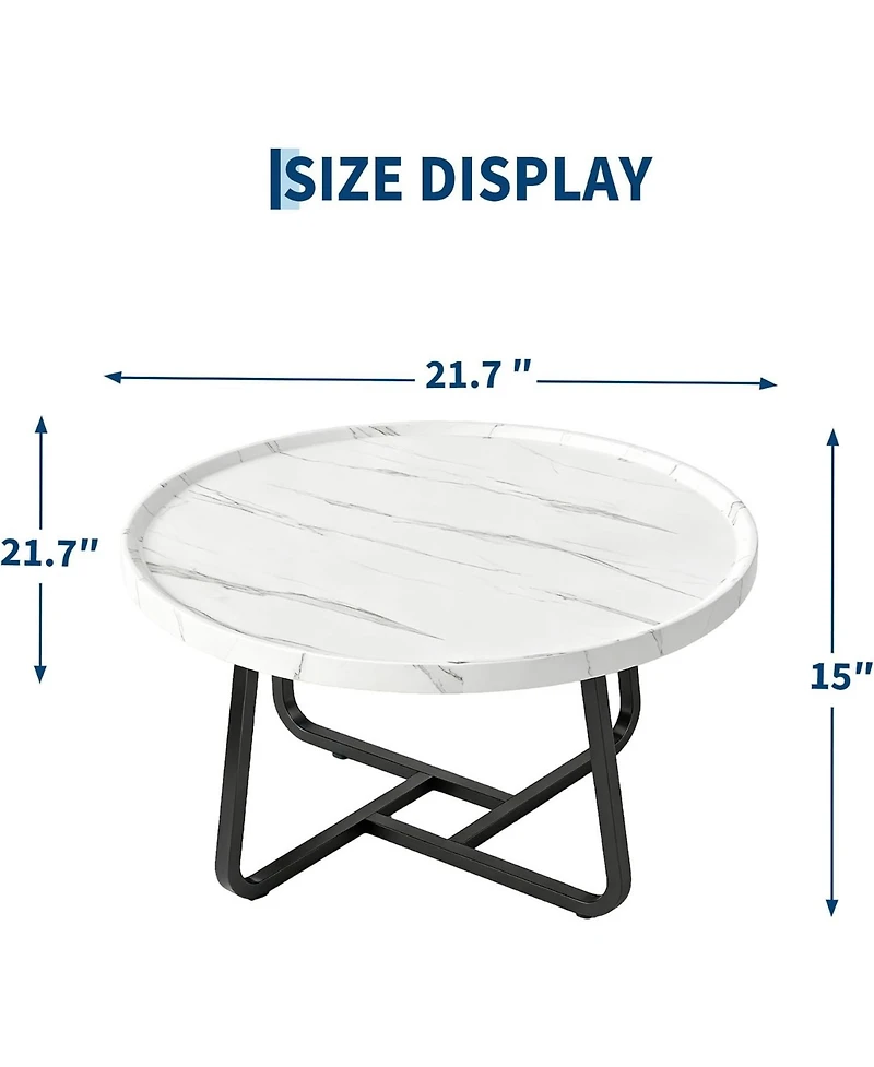 homfan 19.69" Round Industrial Coffee Table, White Wood-Look Top, Modern Accent Table for Living Room