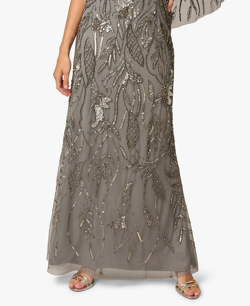 Adrianna Papell Women's Beaded Cape V-Neck Long Gown