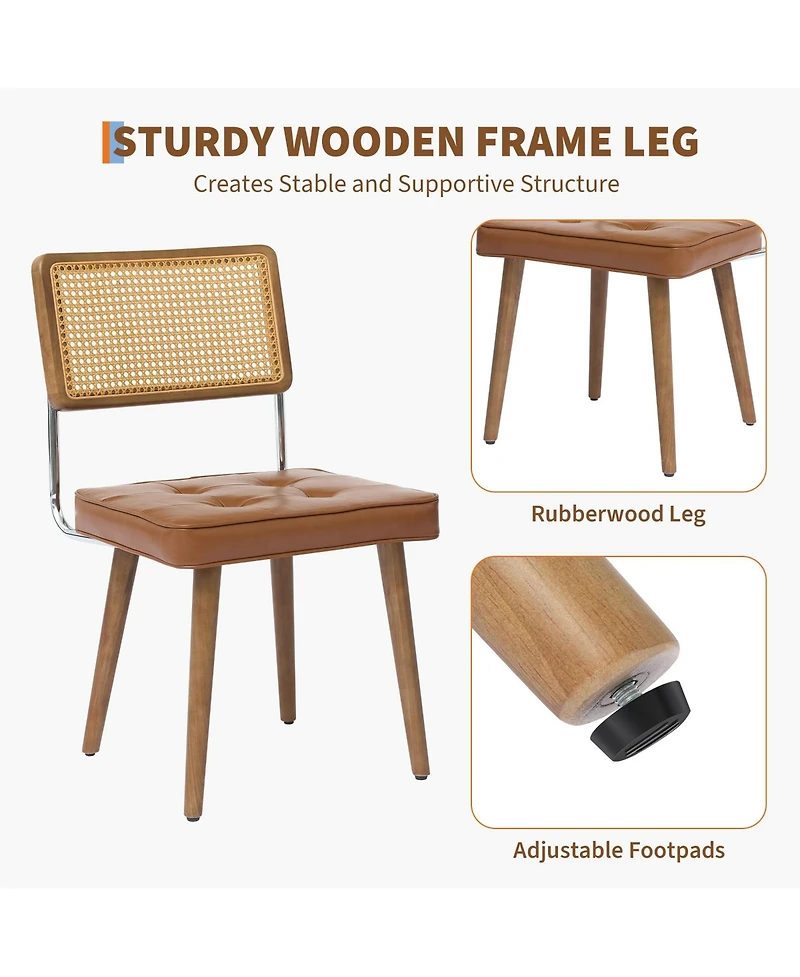 homfan Upholstered Rattan Dining Chairs with Tall Cane Backrest, Pu Seat, and Wood Legs, Set of 4 or 6