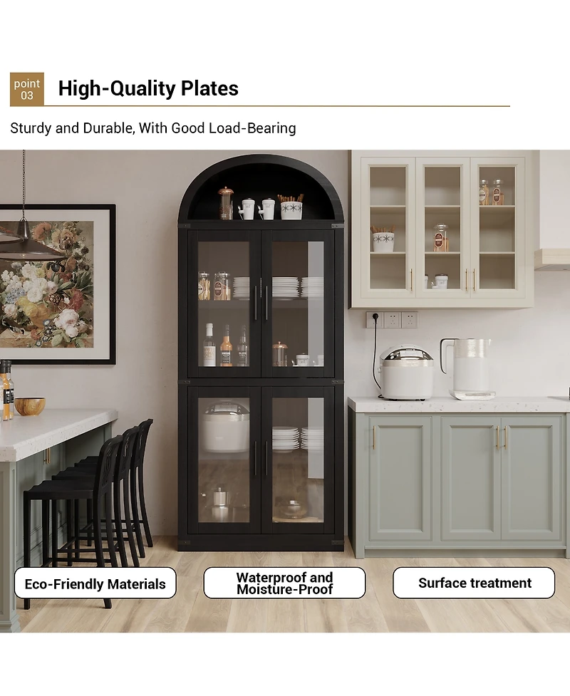 homfan Arched Storage Cabinet with Glass Doors, Tall 4 Tier Freestanding Organizer for Entryway, Living Room, Home Office