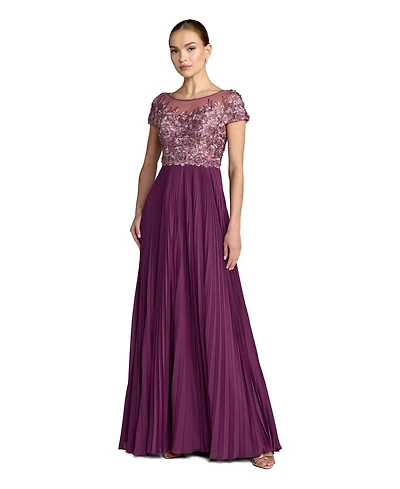 Mac Duggal Women's Embroidered Cap Sleeve Pleated Gown