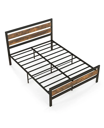 Gouun Full Size Industrial Metal Bed Frame with Rustic Headboard and Footboard