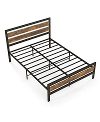 Gouun Full Size Industrial Metal Bed Frame with Rustic Headboard and Footboard