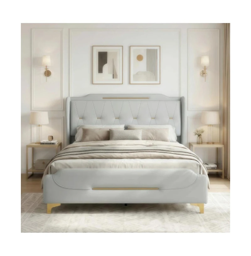 Lucky One Queen Size Pu Leather Platform Bed with Wingback Headboard - No Box Spring Needed